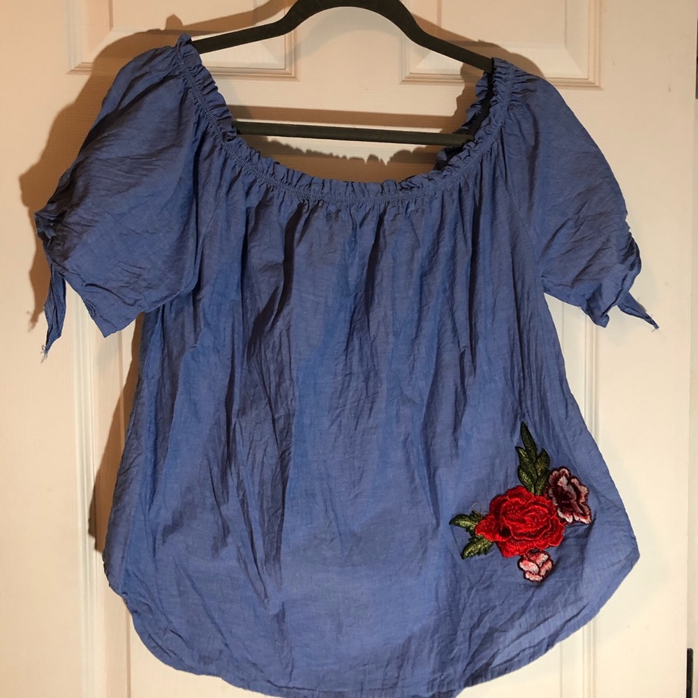 Blue off shoulder chambray shirt